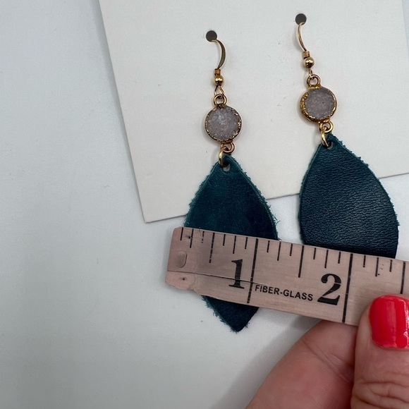 Love , Poppy Teal Green Leather Teardrop with Druzy Stone Earrings NEW - Picture 3 of 13